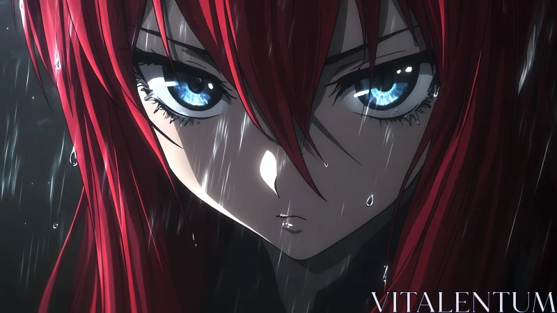 Anime close-up portrait in cinematic rain lighting study.