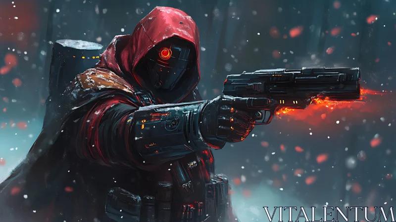 Cybernetic gunslinger aims burning pistol in frozen forest