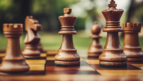 Shallow-depth outdoor macro of wooden chess royalty pieces.