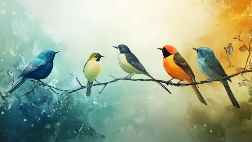 Colorful Songbirds on a Branch in Watercolor Digital Art Style.