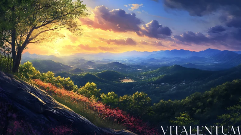 Sunset over layered blue mountains from hillside overlook.