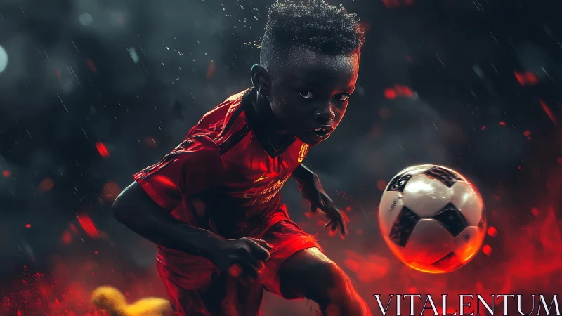 Young soccer player in red kit sprinting with ball in rain.