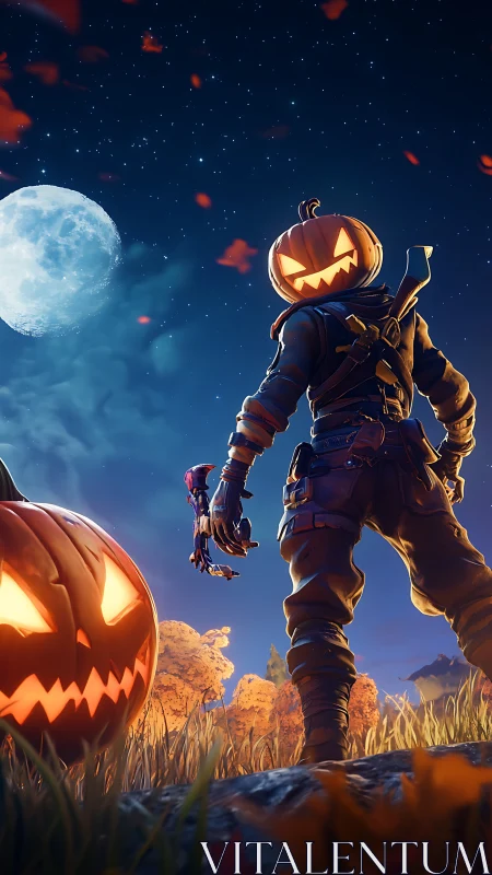 Pumpkin-headed combatant under moonlit autumn night sky