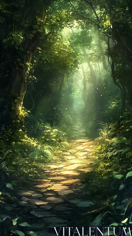 Enchanted woodland path bathed in ethereal emerald light.