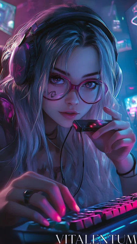 Neon gamer girl lost in a cozy late night streaming world.