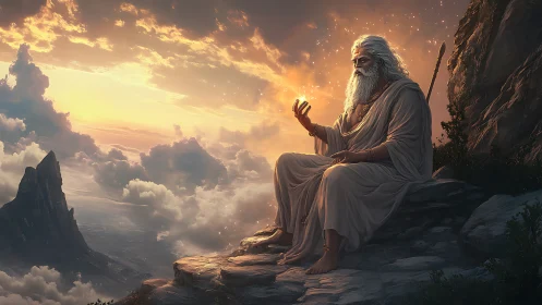 Mystic sage studies radiant orb above sunlit clouds.