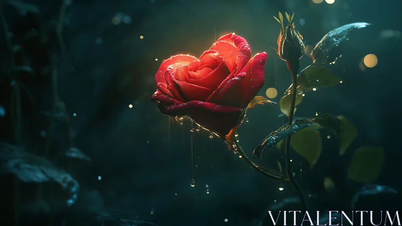 Crimson Rose Gleams Through Twilight Mist