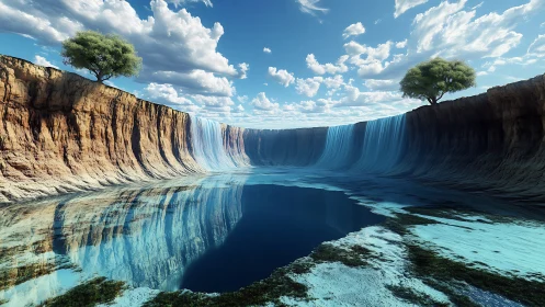 Surreal cliffside lagoon with circular waterfalls and trees.