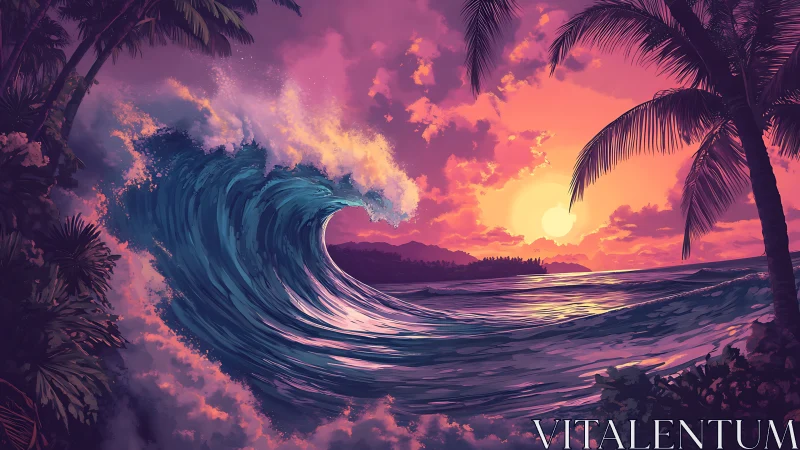 Sunset waves curl gently beneath glowing tropical skies