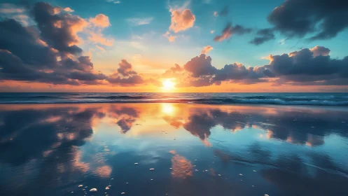 Ocean horizon at sunset with reflective wet shoreline view.