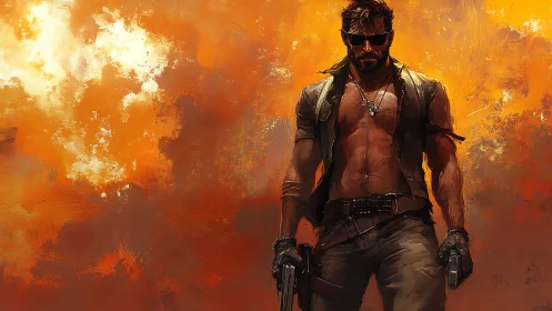 Armed male figure against textured orange abstract field.