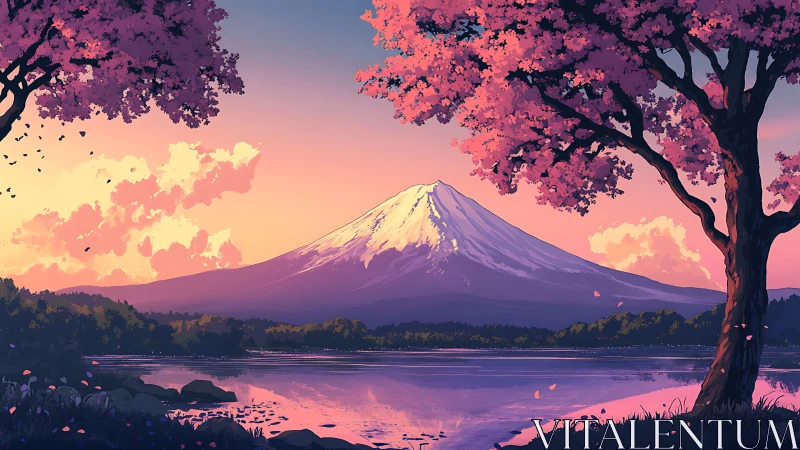 Volcanic summit framed by chromatic sakura at sunset.