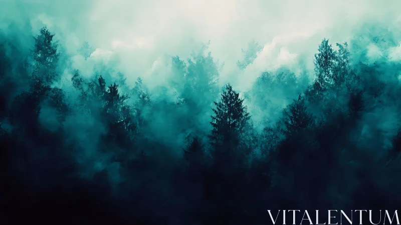 Misty Coniferous Forest Landscape with Atmospheric Depth Gradient.