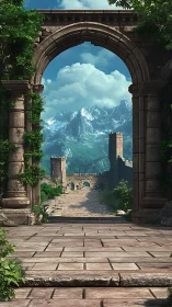 Ancient stone archway framing distant alpine ruins.