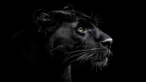 Black Feline Portrait Against Dark Background with Amber Eyes
