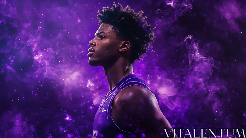 Purple-lit basketball player stands amid swirling cosmic smoke.