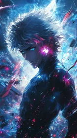 Electric gaze of a lone anime warrior ignites cosmic night