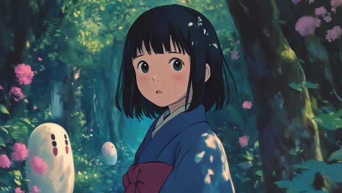 Girl in blue kimono stands in enchanted forest with spirits