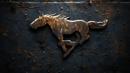 Rusty metal horse silhouette mounted on dark corroded panel