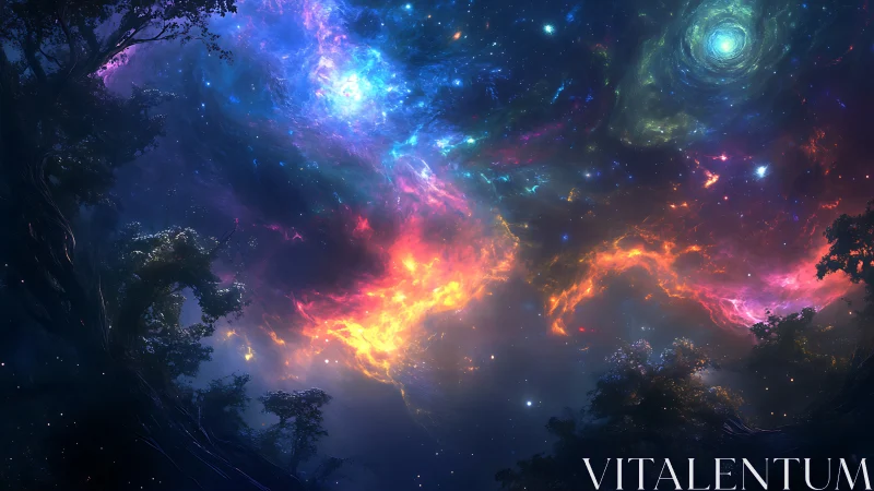 Astrophysical nebula canopy over silhouetted alien forest.