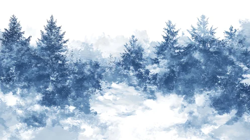 Monochrome conifer forest rendered in diffuse watercolor layers