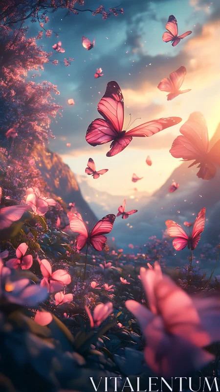 Ethereal pink butterflies in cinematic twilight valley garden.