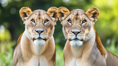 Twin Female Lions: Frontal Dual Portrait Study.