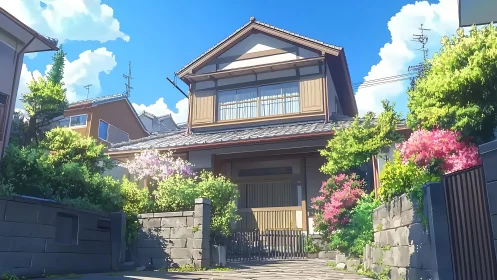 Anime-rendered suburban Japanese house with lush garden framing.