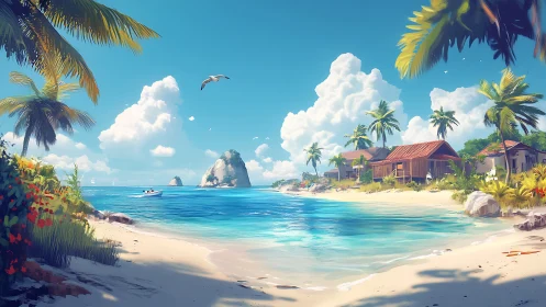 Digital rendering depicts tropical island settlement with beach landscape.