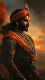 Regal warrior portrait in orange turban under sunset sky