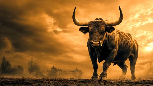 Charging bull under molten sunset sky in dusty landscape.