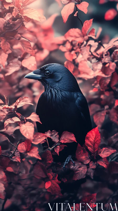 Gentle black bird resting among glowing red leaves.