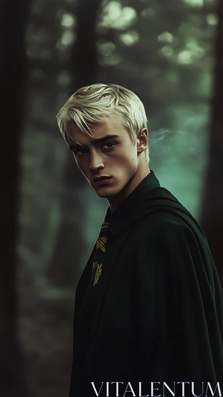 Blond wizard student stands brooding in misty forest corridor.