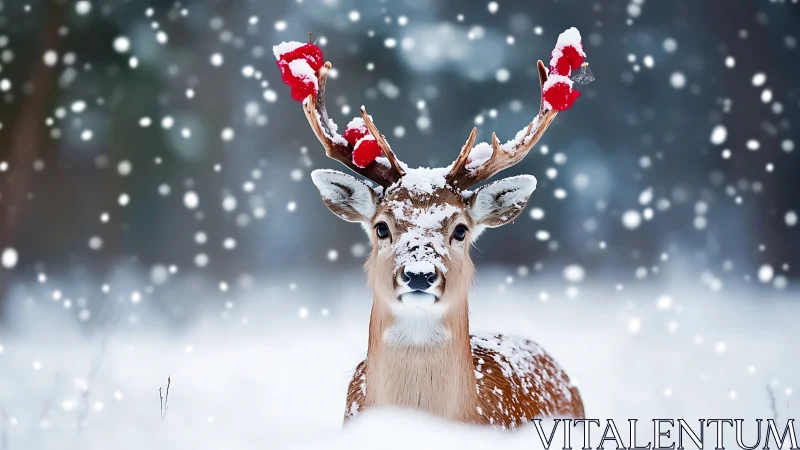 Snow covered deer with red decorations on antlers outdoors.