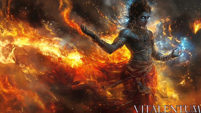 Mythic blue-skinned deity conjuring fire and lightning vortex