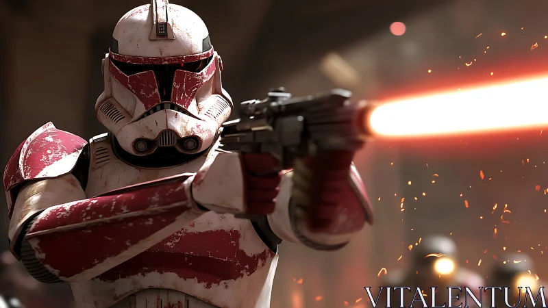 Armored sci fi soldier firing blaster in battle scene.