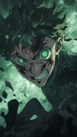 Determined green-eyed hero rising from the storm&rsquo;s chaos.