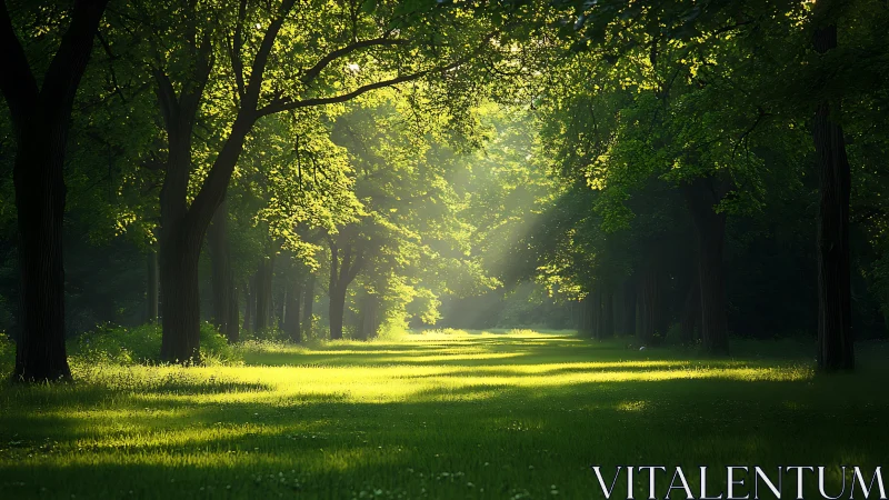 Sunlit Forest Path with Lush Greenery in Serene Morning Light.