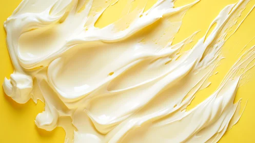 Creamy white paint streaks on vibrant yellow background, abstract style.