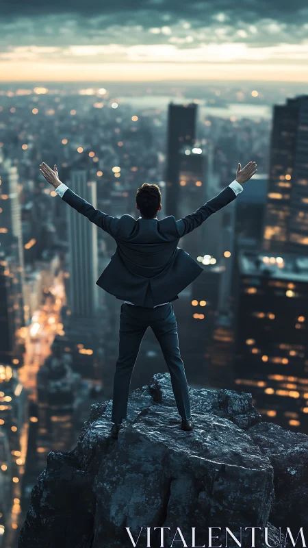 Male figure standing on elevated outcrop overlooking urban cityscape.