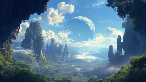 Alien valley opens beneath vast luminous rising planet.