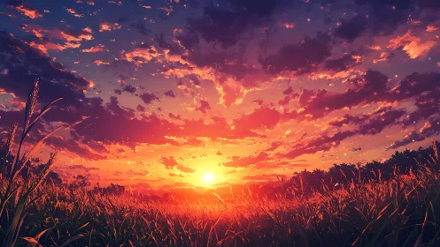 Golden sunset sky glows softly above a peaceful wild meadow