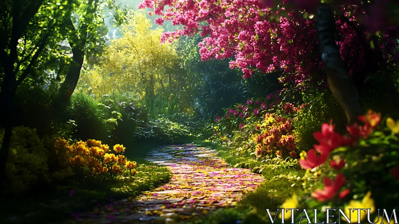 Sunlit flower garden path glows with vibrant spring color