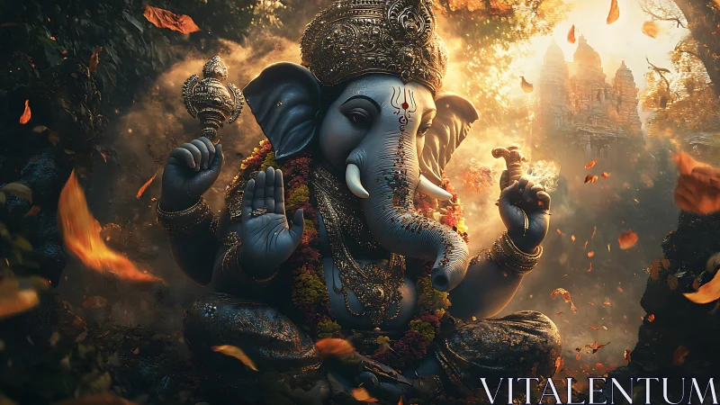 Elephant-headed deity glows in autumn-lit forest sanctuary.
