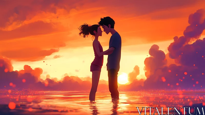 Couple embracing in golden sunset over water