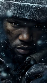 Intense winter portrait with snow-dusted face and beanie.