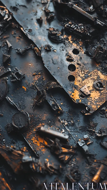 Rust kissed metal fragments glow softly in warm light