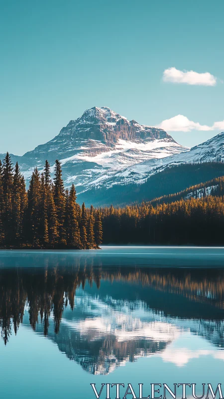 Snowcapped mountain and pine forest mirrored on calm lake.