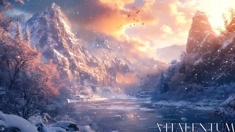 Snow covered mountain valley with river at sunset light.