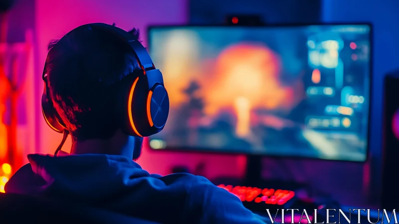 Neon night gamer locked into glowing battlefield worlds.